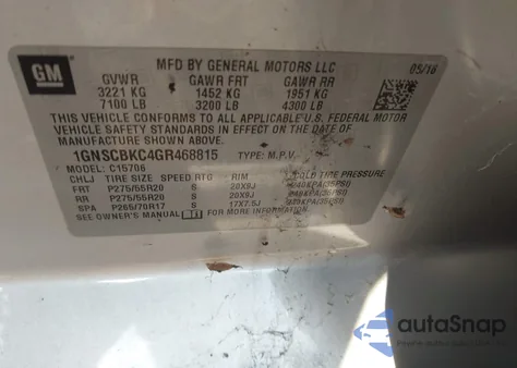 2016 Chevrolet Tahoe Lt z USA, uszkodzony, nr VIN 1GNSCBKC4GR468815